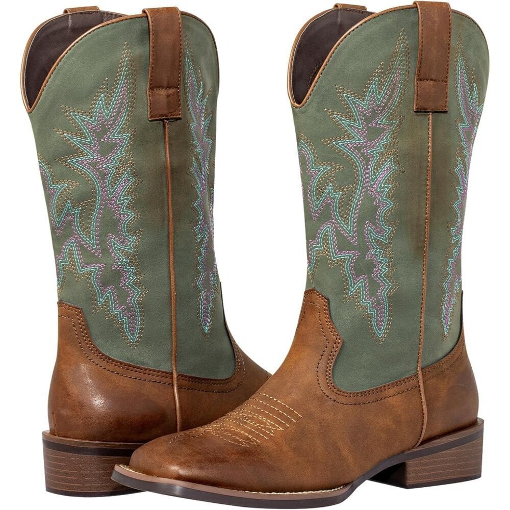 SheSole Western Boots Women's Brown Tan Faux Leather Square Toe Wide Mid Calf - Picture 9 of 9